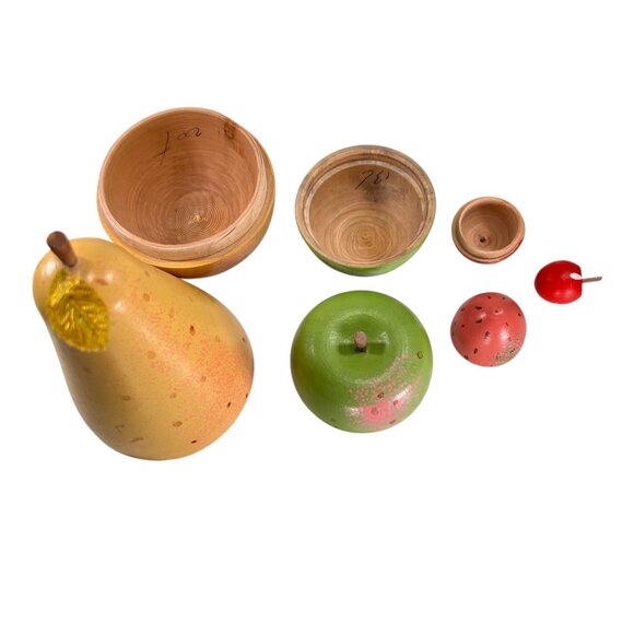 Vintage Wood Hand Painted Nesting Fruit Set Pear Apple Strawberry Cherry - Picture 4 of 15